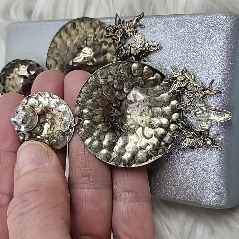Earrings Retro 80's Tarnished Silver Tone Statement Angel Fringe Eclectic Unique - Picture 4 of 5